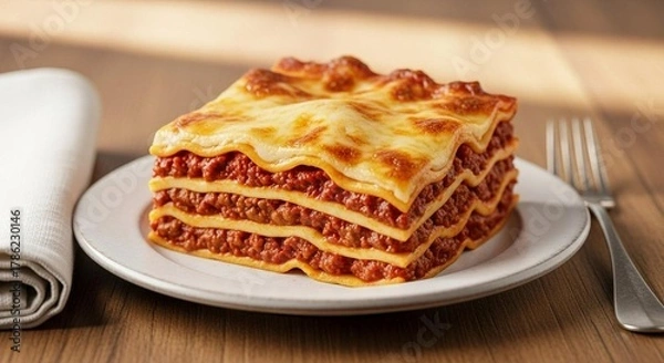 Fototapeta Lasagna slice with visible layers of cheese and meat sauce, table styled with fork and napkin