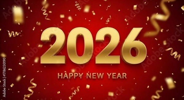 Fototapeta Golden 2026 numbers with falling confetti on red background