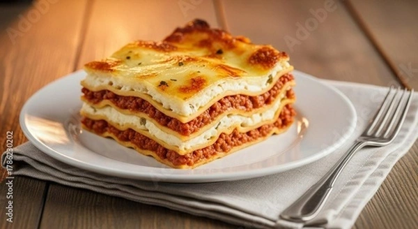 Fototapeta Lasagna slice with visible layers of cheese and meat sauce, table styled with fork and napkin