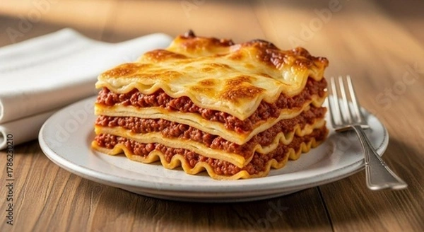 Fototapeta Lasagna slice with visible layers of cheese and meat sauce, table styled with fork and napkin