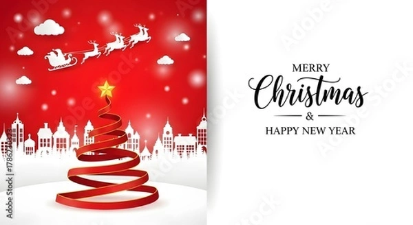 Fototapeta Festive red ribbon christmas tree with santa and snowfall