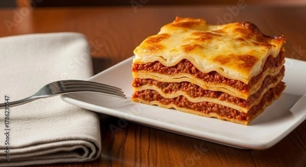 Fototapeta Lasagna slice with visible layers of cheese and meat sauce, table styled with fork and napkin
