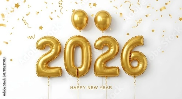 Obraz Golden balloons form 2026 number with confetti celebration