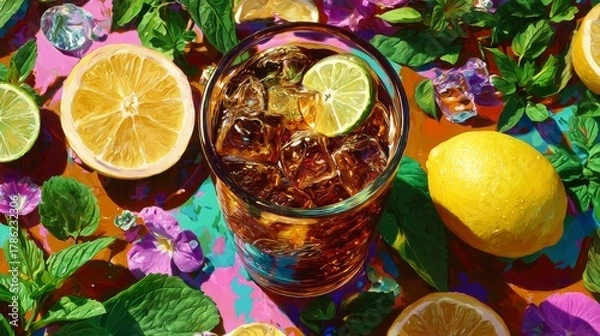 Fototapeta Refreshing Summer Beverage with Ice, Mint, Lemon, and Colorful Flowers on Vibrant Background for Drink Recipes and  Party Inspiration