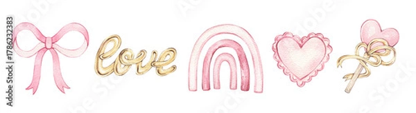 Fototapeta Watercolor set for Valentine's Day. Pink bow, rainbow, "Love" lettering, lollipop heart, and lace heart. A collection of illustrations for holiday design and decoration. Romance, Valentine's Day.