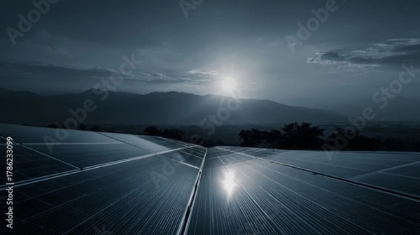Fototapeta Serene Sunset Over Solar Panels With Mountains and Sky Reflected on Glass Surface in a Tranquil Landscape Setting