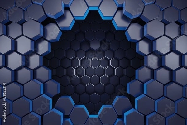 Obraz Abstract hexagonal geometric background with deep blue and light blue glowing accents, perfect for futuristic tech concepts and modern design themes.