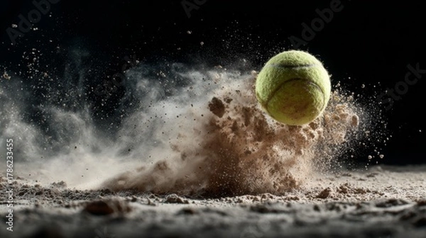 Obraz Tennis Ball in Motion with Dust Cloud on Court Surface Captured in Dynamic Action Shot for Sport and Fitness Imagery