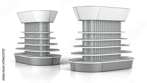 Fototapeta Supermarket rounded gondola display racks with slatwall central part. 3d illustration on white background