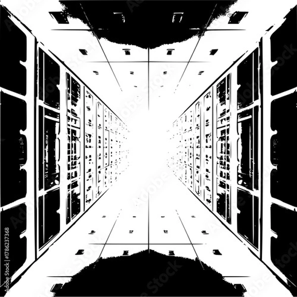 Fototapeta Perspective view of a long corridor with server racks and bright light at the end in black and white
