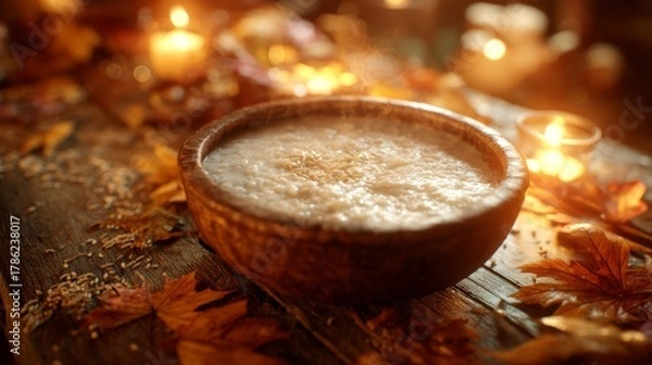 Fototapeta Cozy Autumn Setting with Wooden Bowl of Creamy Porridge Surrounded by Leaves and Candles, Ideal for Warm and Inviting Food Photography