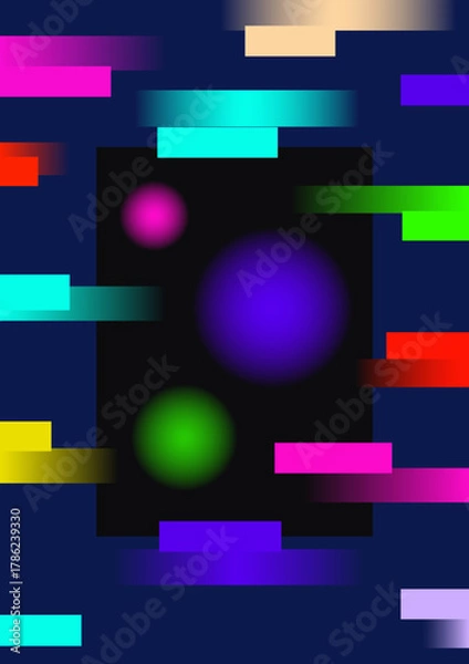 Obraz Colorful gradient ribbons and circles. Modern gradient poster on a dark background. Cover template with bright, perspective geometric shapes.