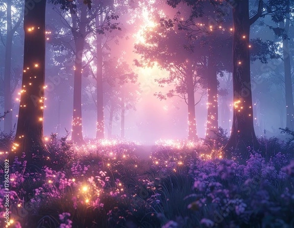 Fototapeta Dreamlike Forest with Floating Lights and a Dreamlike Atmosphere.