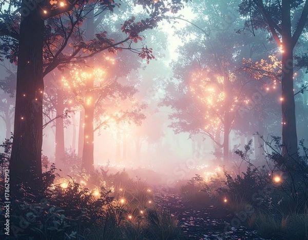 Fototapeta Dreamlike Forest with Floating Lights and a Dreamlike Atmosphere.