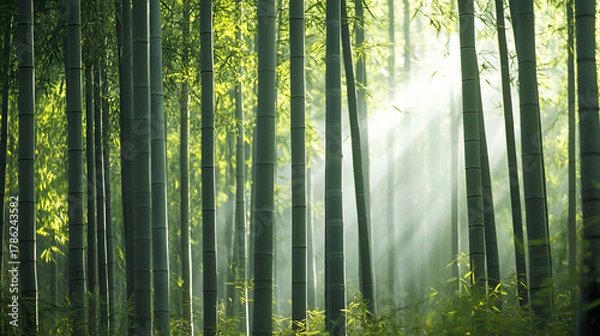 Fototapeta Bamboo Forest Serenity Rays of Sunlight filtering through tall green bamboo stalks, creating a calming and zen-like atmosphere in a dense forest landscape, showcasing nature's beauty and tranquility