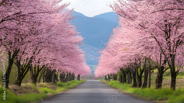 Fototapeta Cherry Blossom Road Trip Beauty Row of blooming cherry trees line a long asphalt road leading toward distant mountains in soft light, perfect for spring nature landscapes and travel adventures