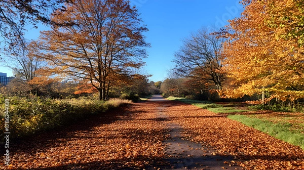 Fototapeta Autumn Pathway Landscape with Fallen Leaves in Vibrant Colors Nature scene with a path covered in colorful fall foliage, trees showing signs of the changing season, blue sky above on a bright day,