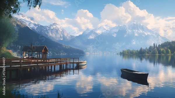 Fototapeta Lake Serenity Scene with Pier and Boat Reflecting Snow Mountains Peaceful waterfront wooden pier with gazebo and small boat on calm clear lake with snow-capped mountains and fluffy clouds in serene