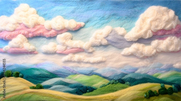 Fototapeta Landscape Felted Wool Clouds Artwork, handcrafted wool landscape depicting rolling hills with soft wool textures in green, blue, and yellow with fluffy white and pink clouds overhead, a unique