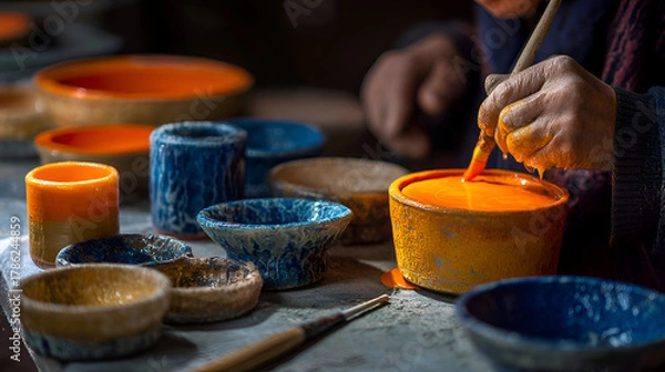 Fototapeta Pottery Glazing Art Crafting Ceramic Bowls with Vibrant Orange Glaze being applied by Artist's Hand, Artisan decorating pottery, handmade ceramics, colorful glaze, craft studio, creative process