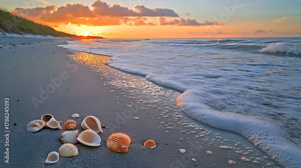 Fototapeta Seashells Beach Sunrise Ocean Landscape Scenery Beautiful seashells scattered along a sandy shore with soft waves as the sun rises over the horizon creating a vibrant and serene tropical atmosphere