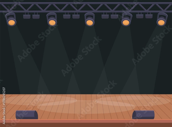 Fototapeta Empty music stage. Concert stage with spotlights. Vector stock