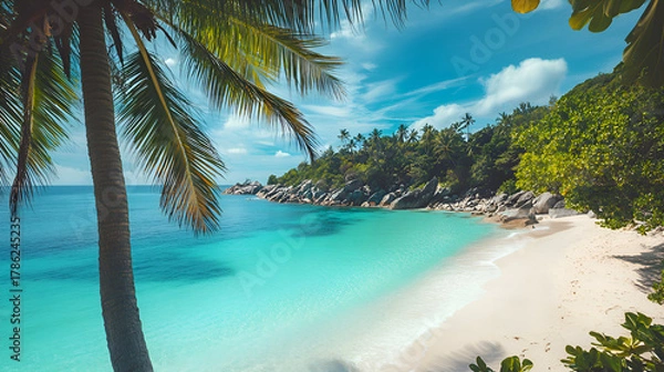 Fototapeta Tropical Beach Paradise with Palm Trees Azure Sea and White Sand Scenic Vacation Getaway with Lush Greenery Breathtaking Island View Destination Relaxing Seaside Escape Holiday Tranquility
