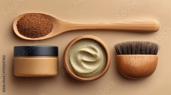 Obraz Luxurious spa day with natural skincare products and wooden brush to enhance beauty ritual and self-care routine