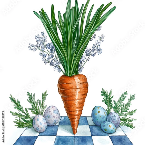 Fototapeta Whimsical chessboard with carrot centerpiece and Easter eggs for a festive spring celebration