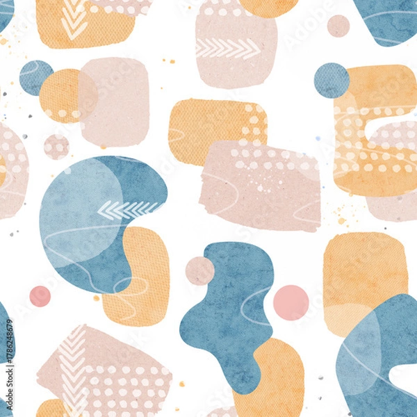 Fototapeta Seamless abstract background with geometric shapes, watercolor, and craft paper textures. Modern contemporary pattern in soft pastel colors, perfect for fabric design, wrapping paper.