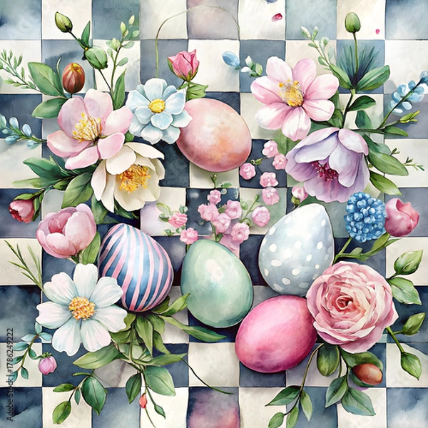 Fototapeta Bright spring floral arrangement with Easter eggs on a checkered background in pastel colors