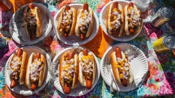 Fototapeta Delicious Hot Dogs Topped with Onions, Mustard, Relish, and Chili Served on Paper Plates at a Vibrant Outdoor Picnic Gathering