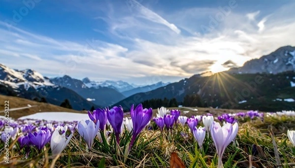 Obraz Spring crocus meadow in the Alps with snow-capped mountains.