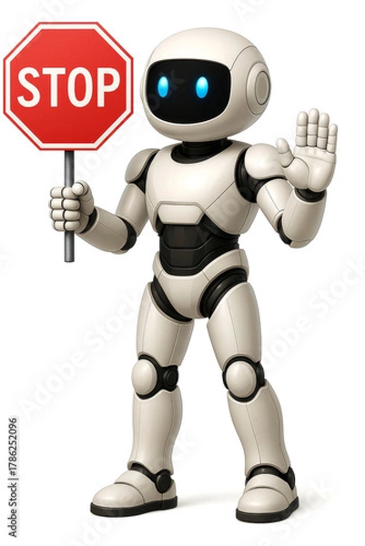 Obraz Robot standing still, holding a red stop sign, a warning gesture