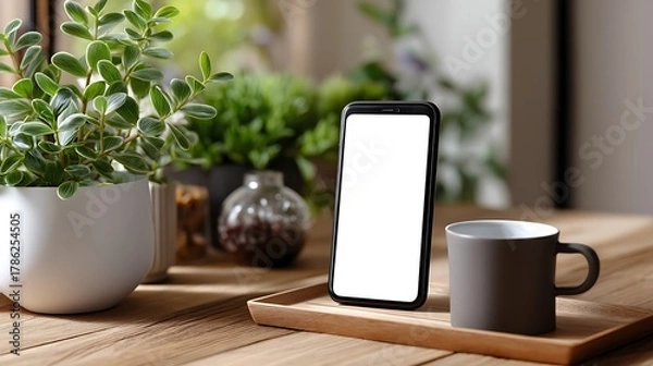 Obraz Minimalist Workspace with Smartphone Coffee Cup and Green Plants on Wooden Table