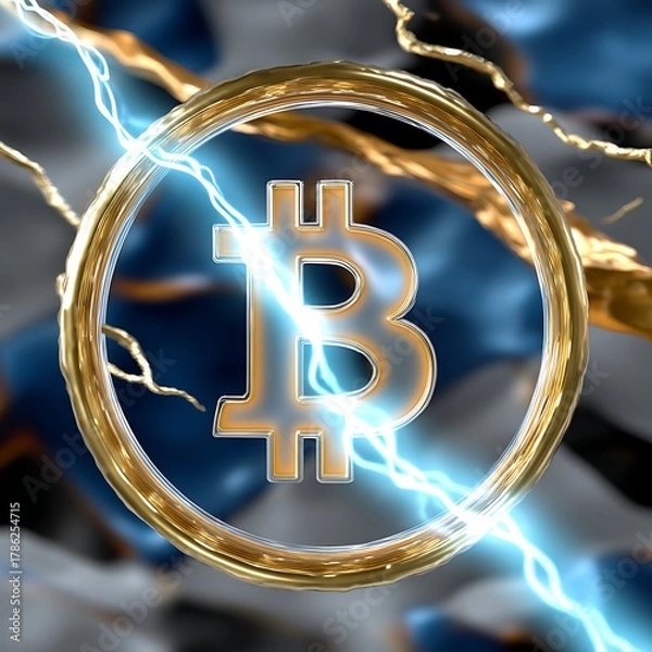 Obraz Golden Bitcoin Symbol Surrounded by Electric Energy and Abstract Blue Background