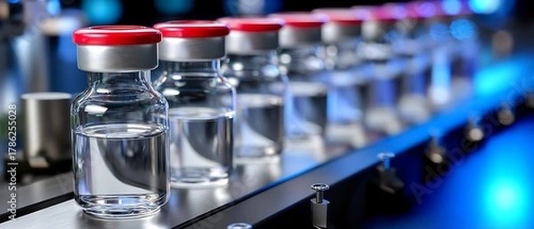 Obraz Clear Glass Vials on Conveyor Belt in Laboratory with Red Caps and Soft Lighting