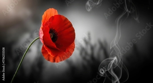 Fototapeta A single red poppy flower with smoke in the background, symbolizing remembrance and loss