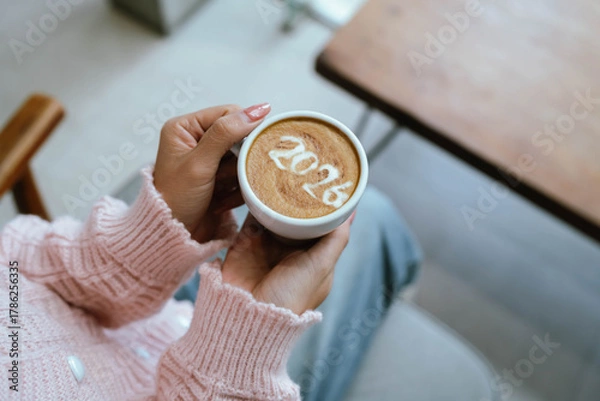 Fototapeta A person holding a cup of coffee with latte art showing the number "2026," wearing a pink sweater and relaxing indoors.