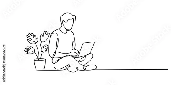 Obraz Continuous line drawing of a person working remotely on laptop