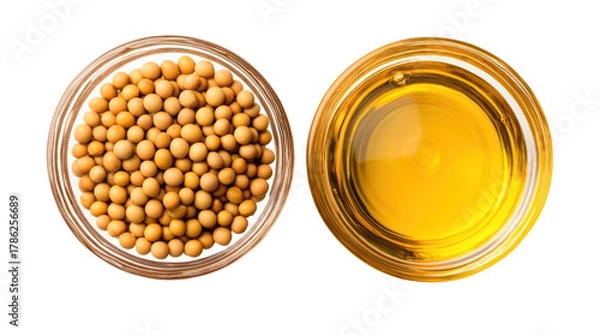 Obraz Two glass bowls with soybeans and soybean oil isolated on transparent background