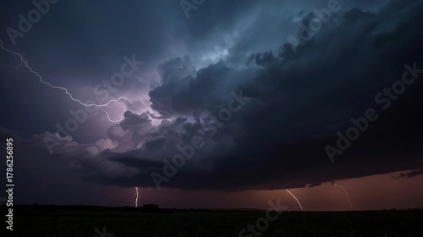 Fototapeta Dramatic lightning strikes illuminate a powerful thunderstorm over a dark, silhouetted landscape creating a breathtaking natural spectacle.