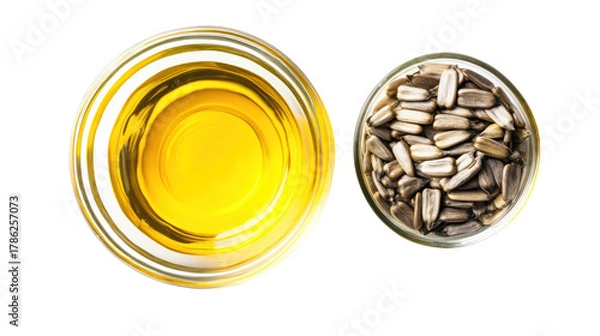 Fototapeta Two oval shaped objects one with yellow liquid and the other with stones isolated on transparent background