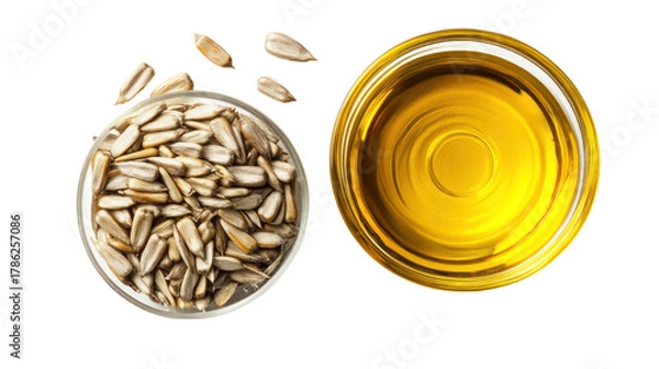 Fototapeta Sunflower seeds and oil in bowls isolated on transparent background