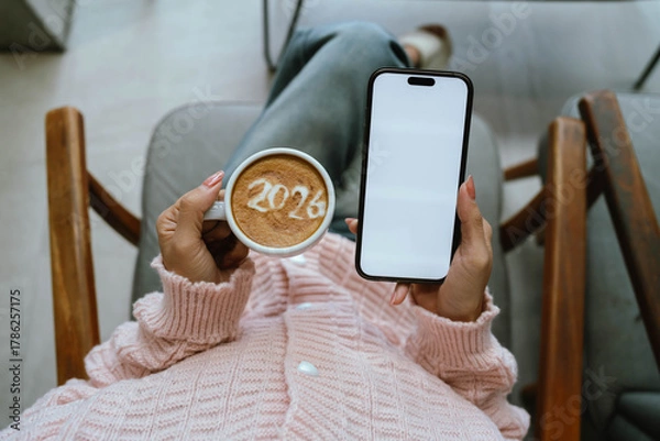 Fototapeta A person holding a cup of coffee with latte art showing the number "2026," wearing a pink sweater and relaxing indoors.