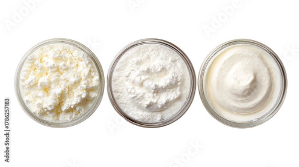 Fototapeta Yogurt kefir fromage blanc overhead three sets side by side on transparent background
