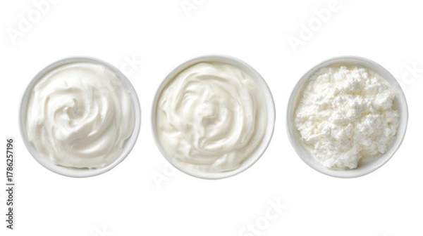 Fototapeta Yogurt kefir fromage blanc overhead three sets side by side on transparent background