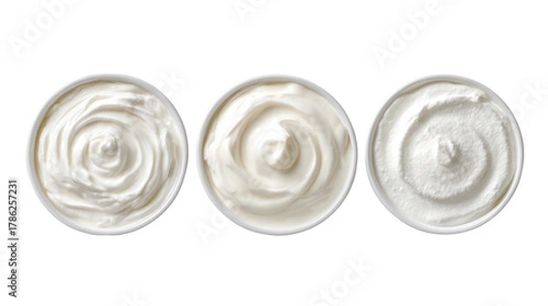 Fototapeta Yogurt kefir fromage blanc overhead three sets side by side on transparent background