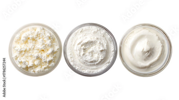 Fototapeta Yogurt kefir fromage blanc overhead three sets side by side on transparent background