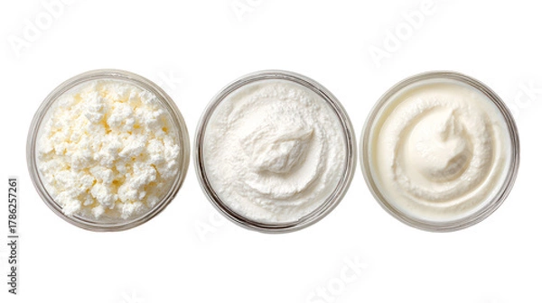 Fototapeta Yogurt kefir fromage blanc overhead three sets side by side on transparent background